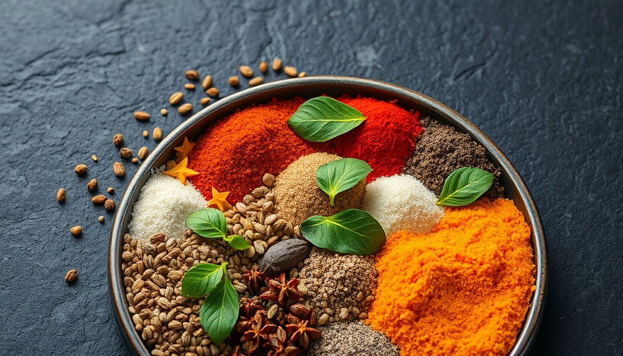 Assorted spices for all-purpose chicken seasoning on a plate.