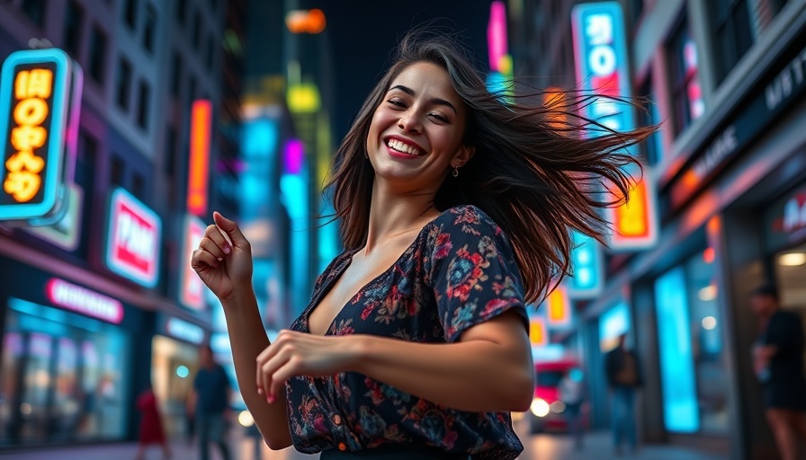 Young woman dancing joyfully in neon-lit city at night.