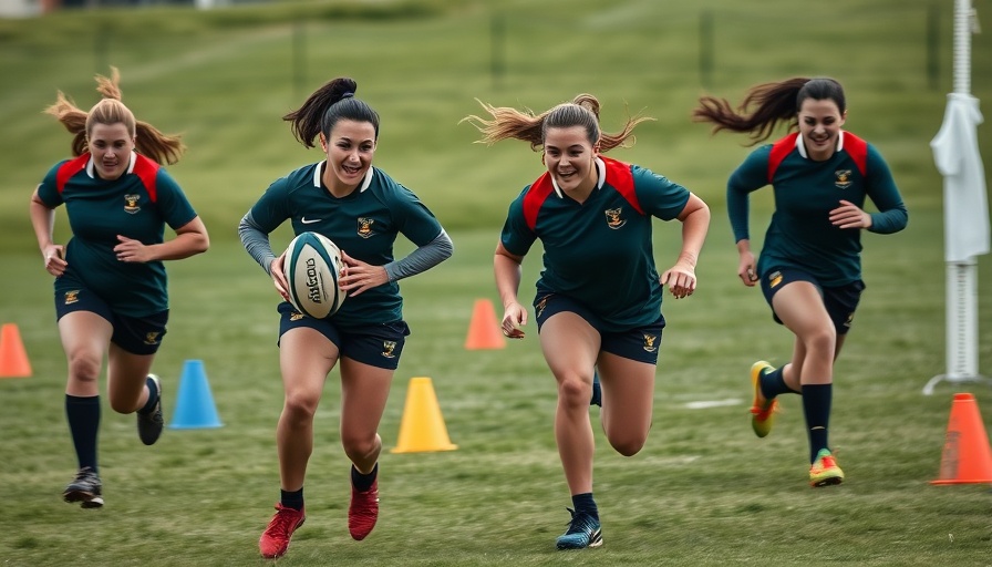 Female rugby players training on a grassy field with colorful cones