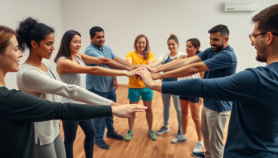 Team building exercise with interlocked arms in a gym.