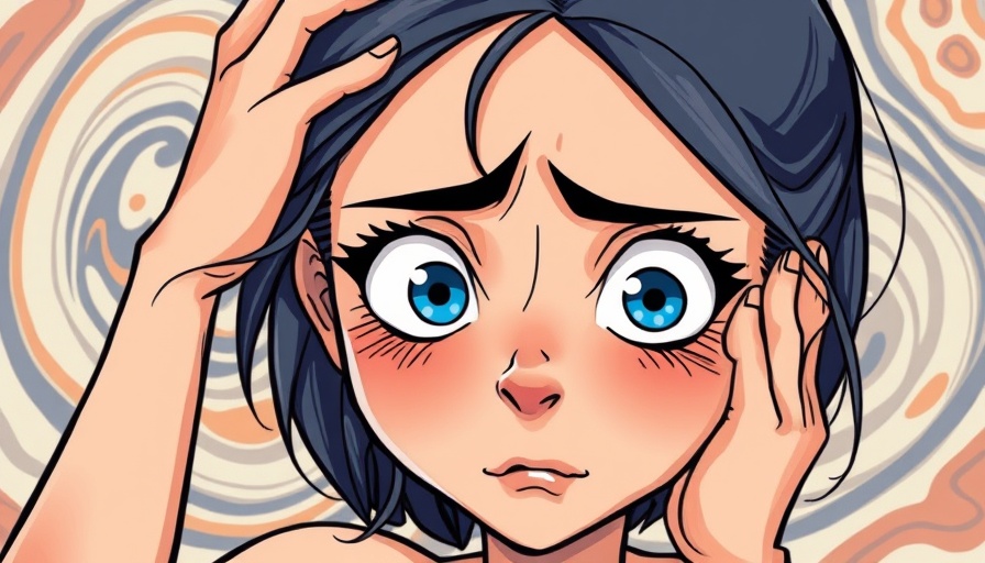 Young woman feeling overwhelmed with swirling background, cartoon style.