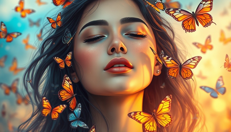Serene woman with butterflies symbolizing healthy aging and longevity.