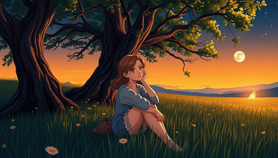 Contemplative young woman under tree at night, vibrant meadow.