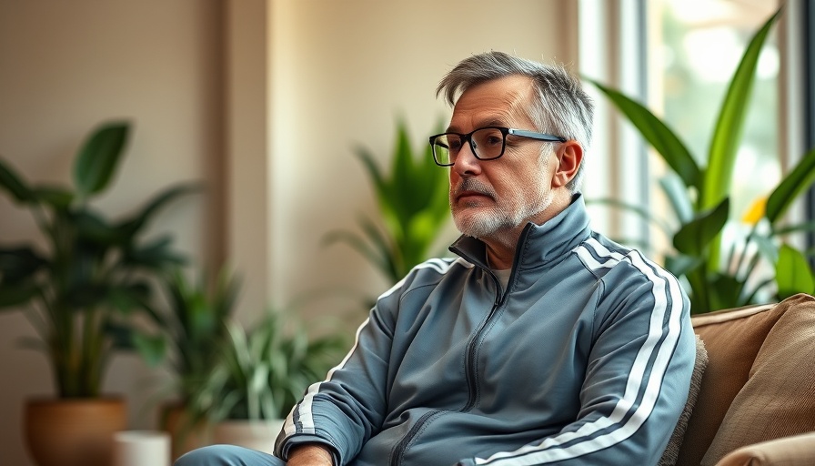 Thoughtful man in tracksuit sitting, reflecting on how to stay healthy for a long time.