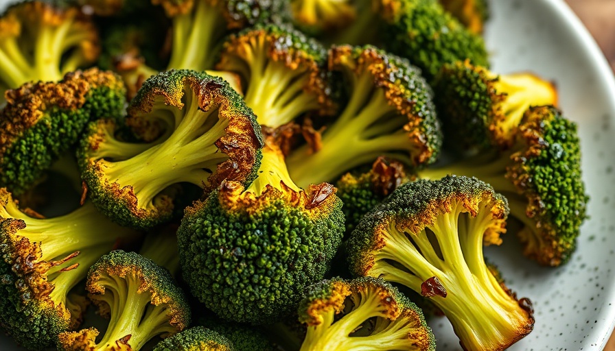 Air Fryer Broccoli, roasted broccoli on speckled plate, close-up view.