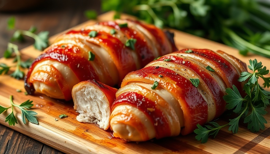 Crispy bacon wrapped chicken breasts on a wooden board with herbs.