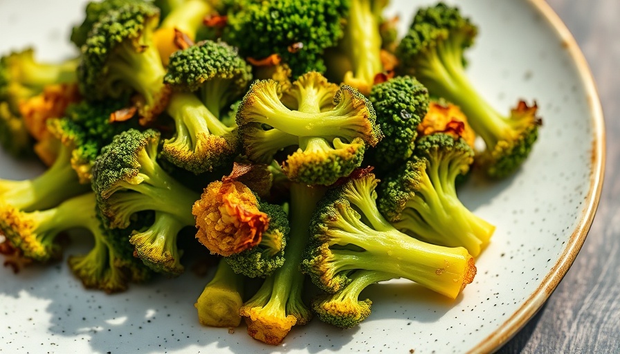 Crispy easy air fryer broccoli on white plate with charred tips.