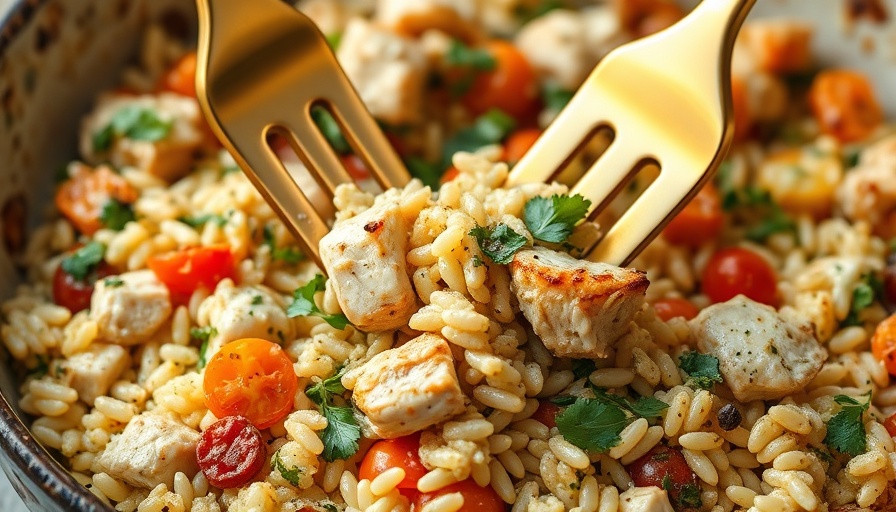 Greek chicken orzo casserole with fresh vegetables and creamy cheese.