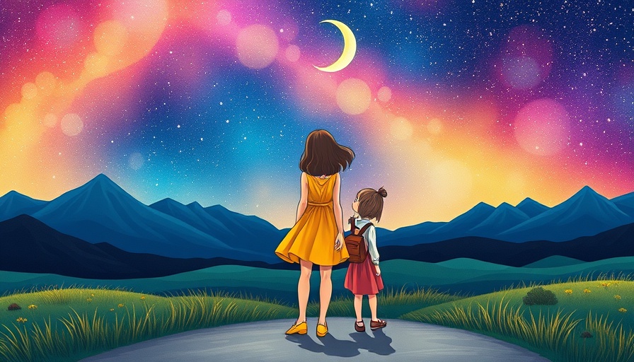 Whimsical scene of woman and girl at crossroads, starry sky