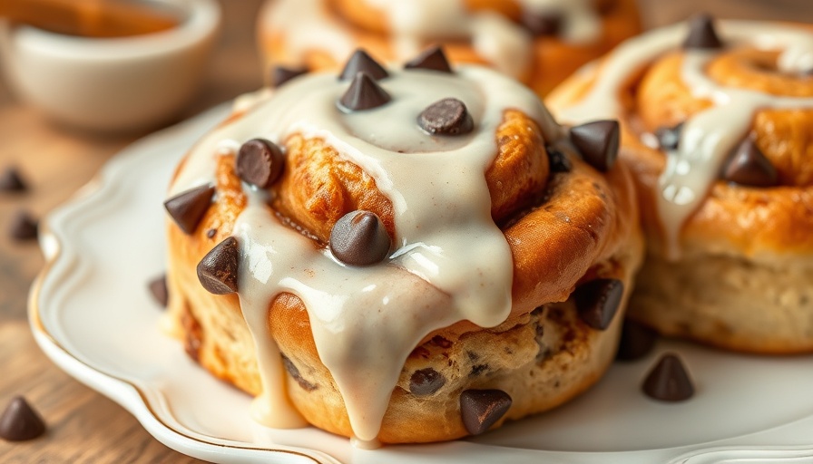 Close-up of peanut butter chocolate chip protein cinnamon rolls with glaze.