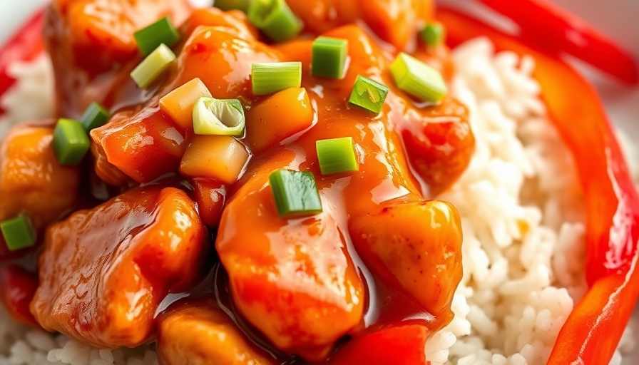 Air Fryer Sweet and Sour Chicken with rice and peppers.