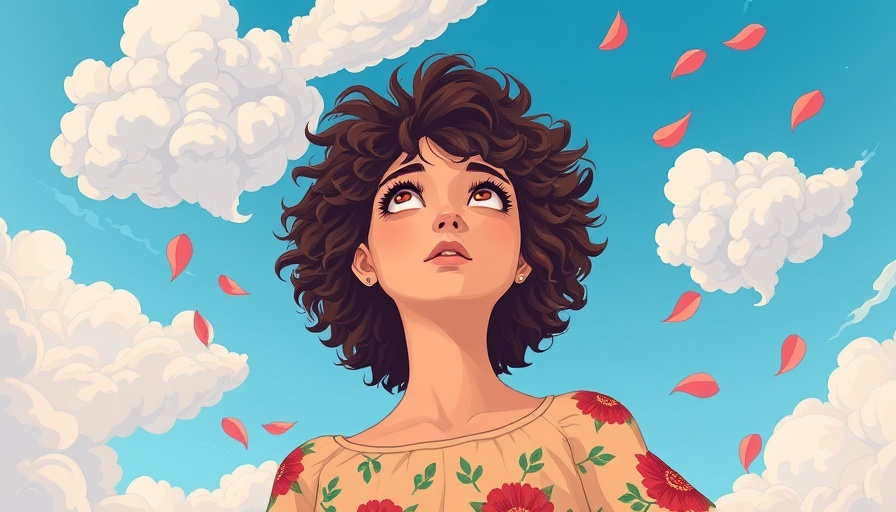 Whimsical cartoon of a woman gazing at clouds, symbolizing curiosity.