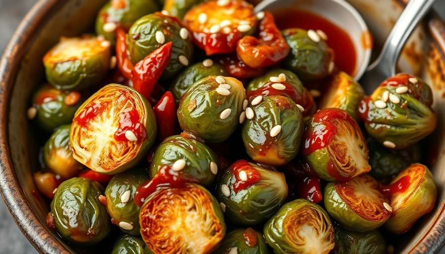 Chili Crunch Brussels Sprouts Recipe with sesame seeds in a bowl.