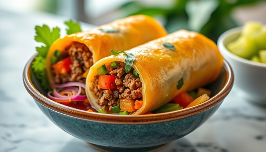 Delicious egg roll in a bowl with vegetables and meat garnished with sesame seeds.
