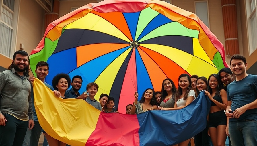 Group engaged in PE activity with colorful parachute, Disability Games in PE Curriculum.