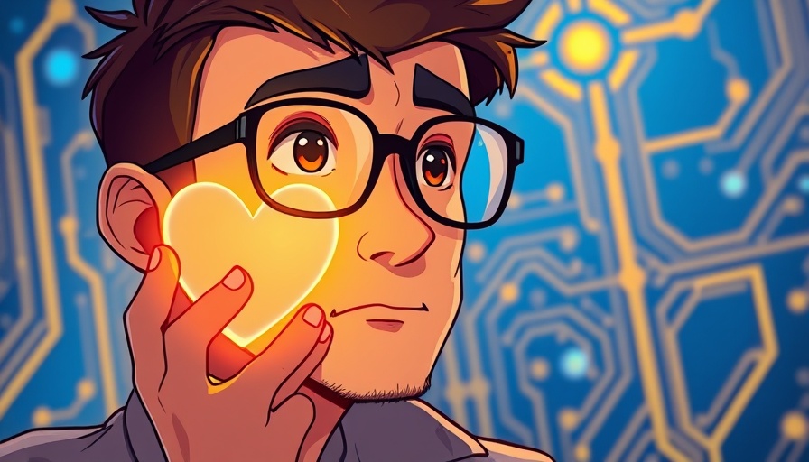 Futuristic illustration of a man holding a glowing heart, symbolizing healthy aging and technology.