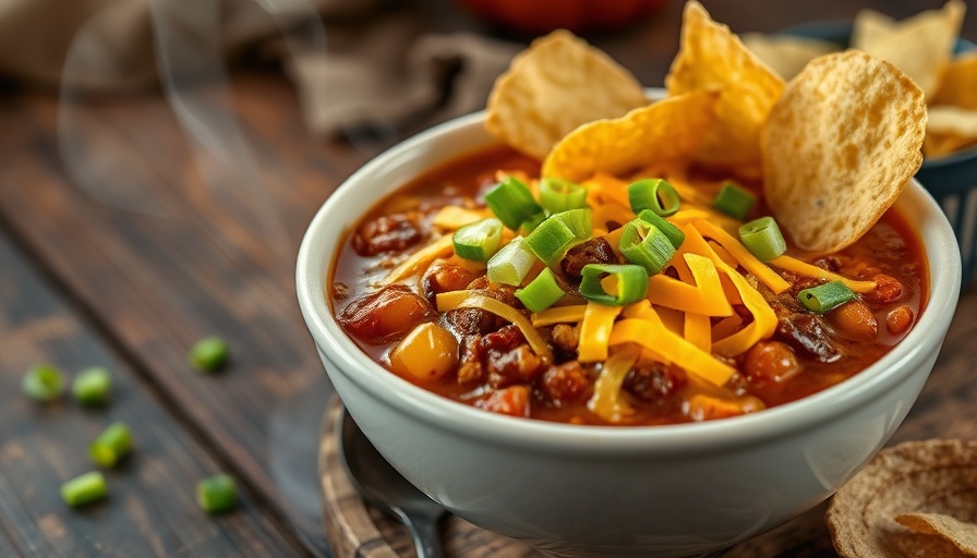 Award Winning Chili Recipe in a bowl with cheese and chips.