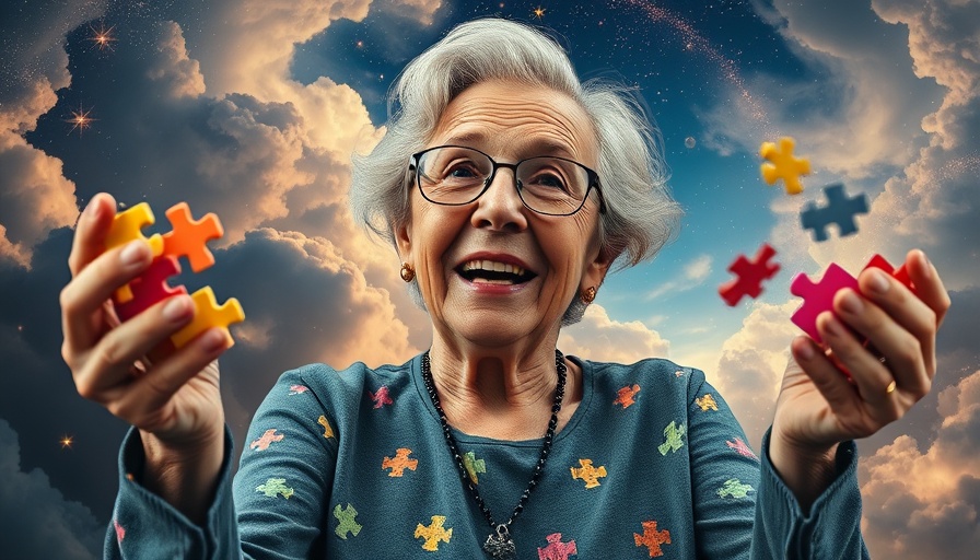 Elderly woman juggling puzzle pieces in a cosmic setting, embracing not having life all figured out.