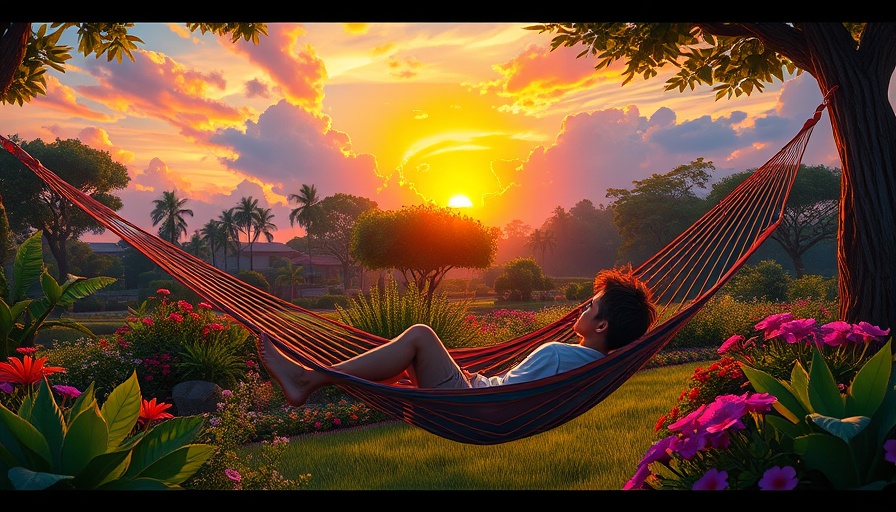 Serene scene of person relaxing in hammock at sunset, vibrant garden.