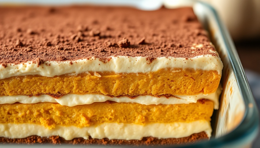 High-protein pumpkin tiramisu with cocoa topping in a dish