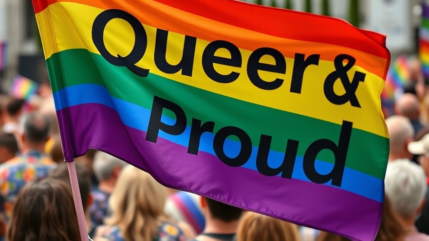 Vibrant rainbow pride flag with 'Queer & Proud' in diverse crowd at Texas A&M campus event