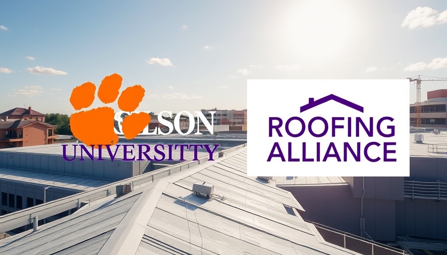 Clemson roofing minor program with university and alliance logos on a rooftop.