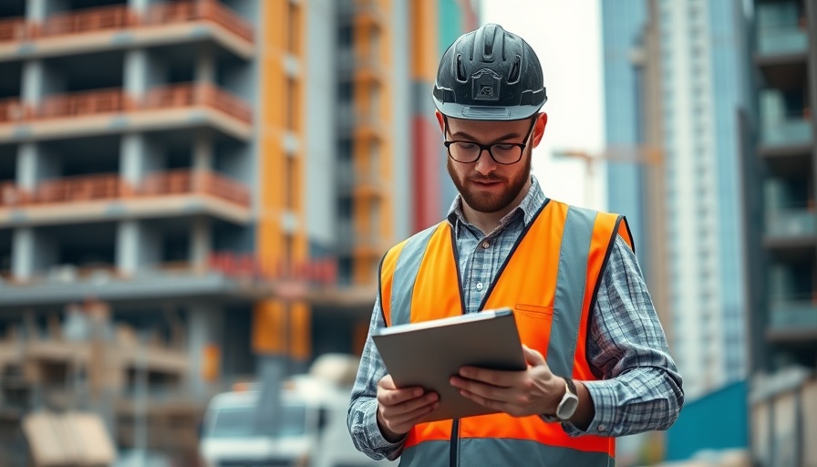 AI Job Safety Analysis: Worker taking notes on clipboard at construction site.