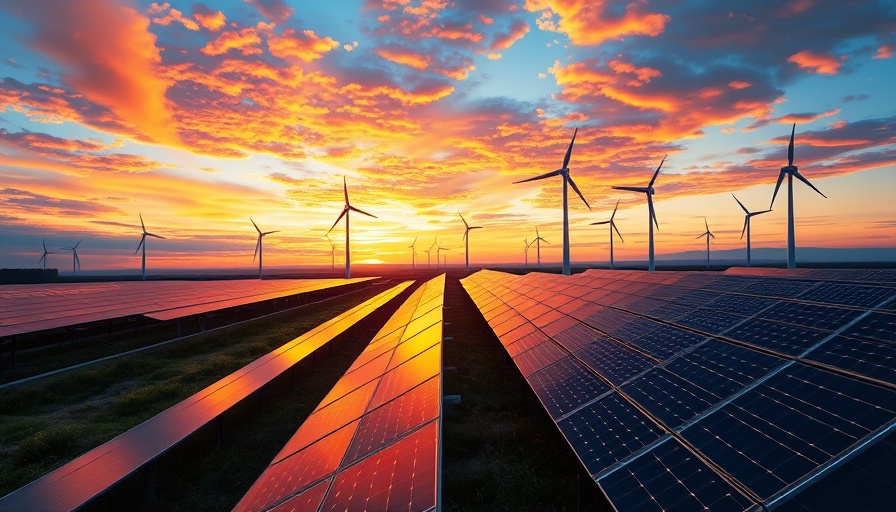 Expansive solar and wind farm at sunset exemplifying energy transition.