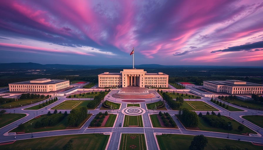 Aerial view of government building at dusk, workplace safety regulations.