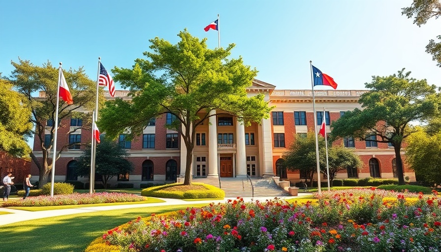 Texas Christian University campus with flags and greenery. TCU's $7.2 Million Grant for Drug Imprisonment Research.