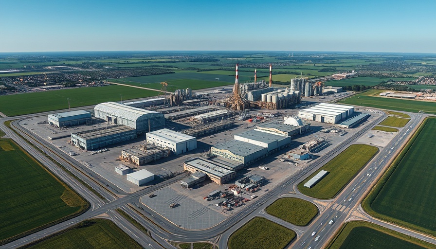 Aerial view of expansive industrial complex amidst green fields under blue sky.