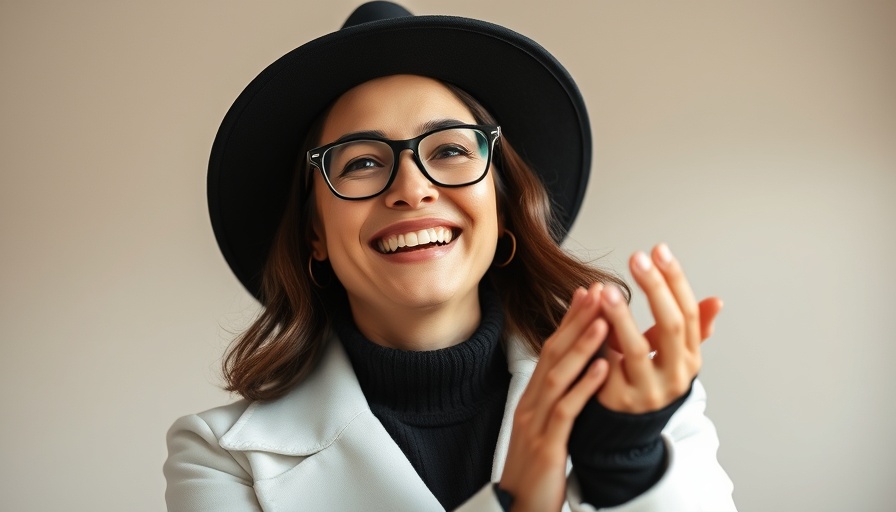 Smiling woman in a black hat and white coat claps.