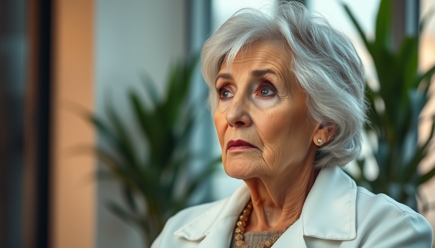 Thoughtful older woman in white coat, serene expression