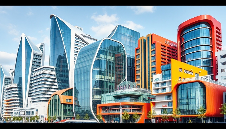 Vibrant architectural designs with diverse building styles, Fisher Architecture logo.