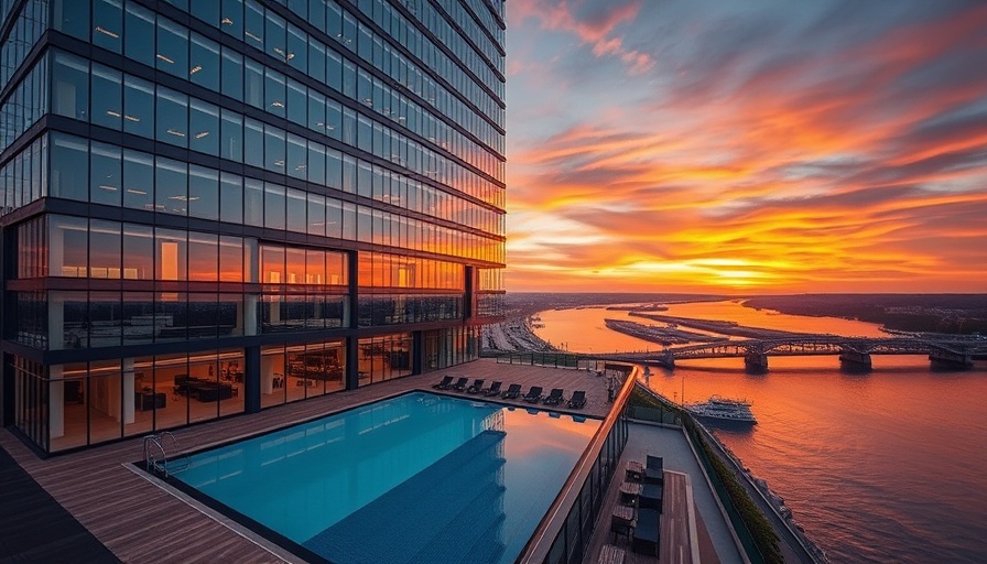Signia by Hilton Savannah hotel exterior at sunset by river.