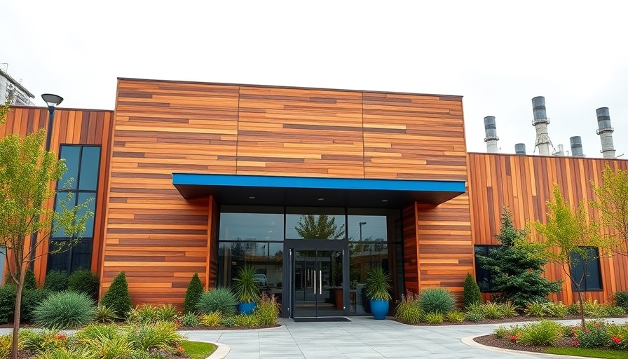Mass timber delivery facility with modern design and landscaping.