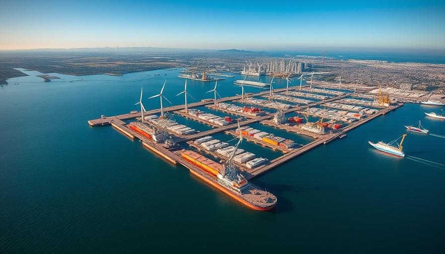 Aerial view of California offshore wind energy ports with turbines and cranes.