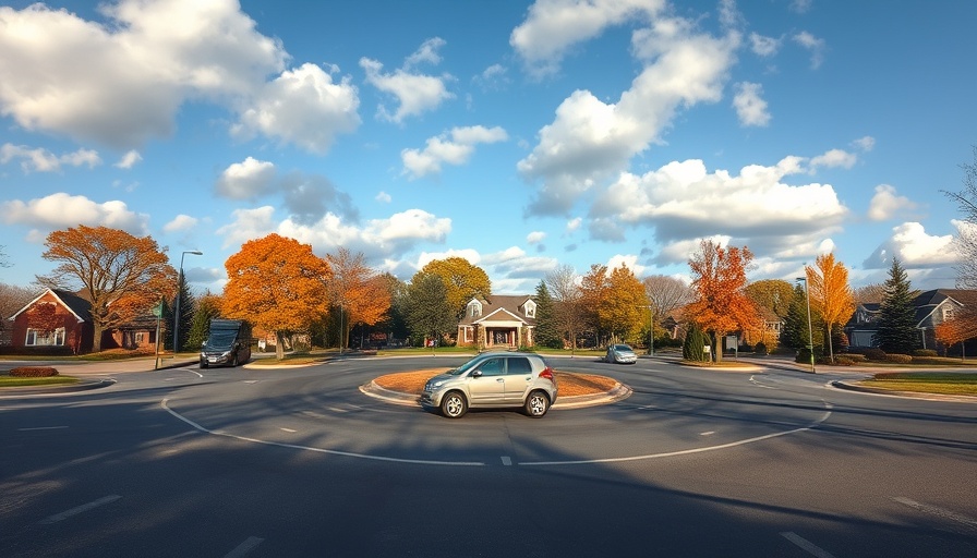Suburban roundabout illustrating safety for pedestrians and cyclists.