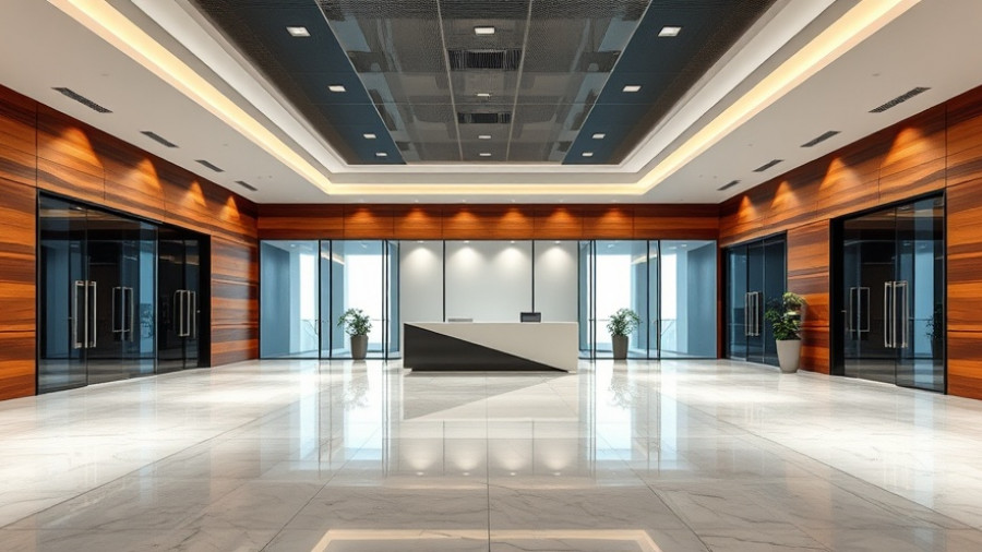 Contemporary office lobby with fire-rated glass door systems.