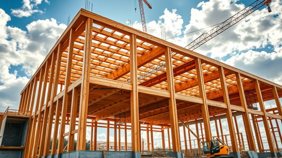 Modern mass timber building under construction, showcasing architectural innovation.