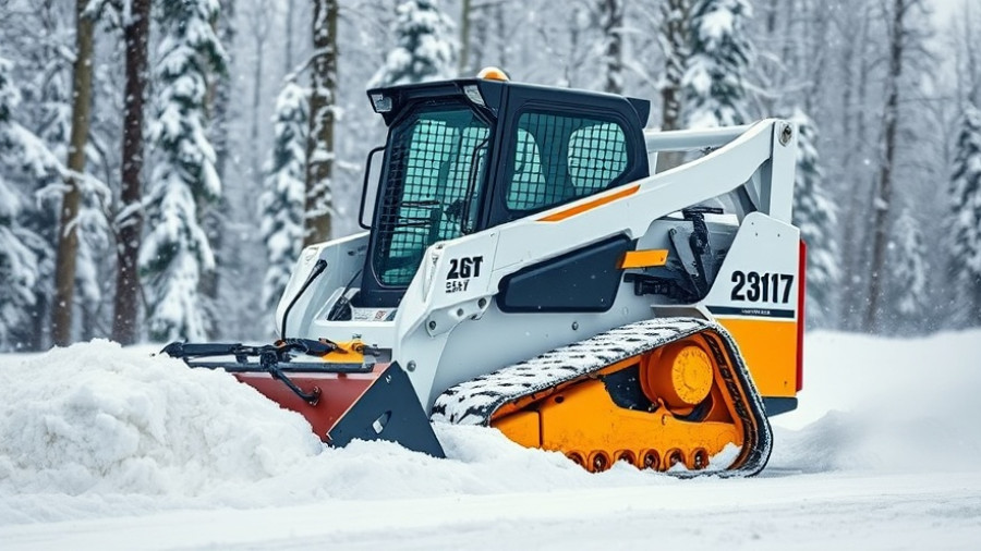 Skid steer with snow attachment clearing snow in a forest environment.