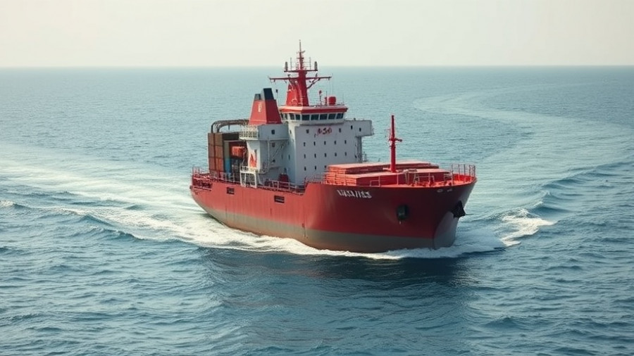Red cargo ship navigating the ocean under clear skies.