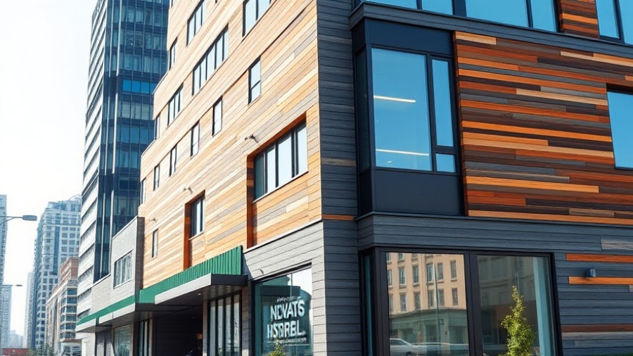 Commercial building with diverse siding, modern architecture, vibrant city.