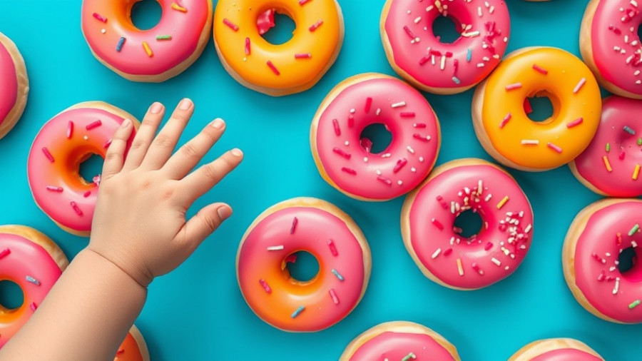Child reaching for pink sprinkled donut, ultraprocessed foods theme.
