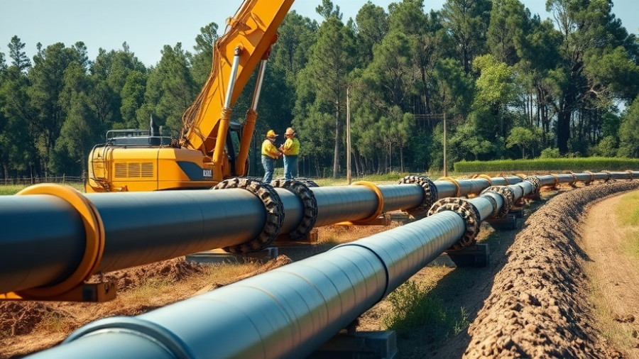 Gas infrastructure construction site with machinery laying pipeline.