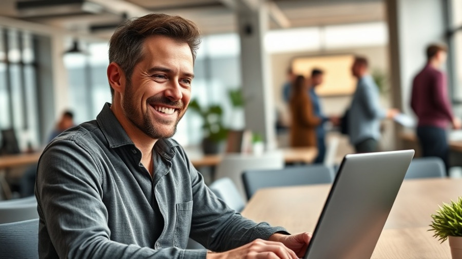 Confident man working on laptop promoting psychosocial safety in workplaces.