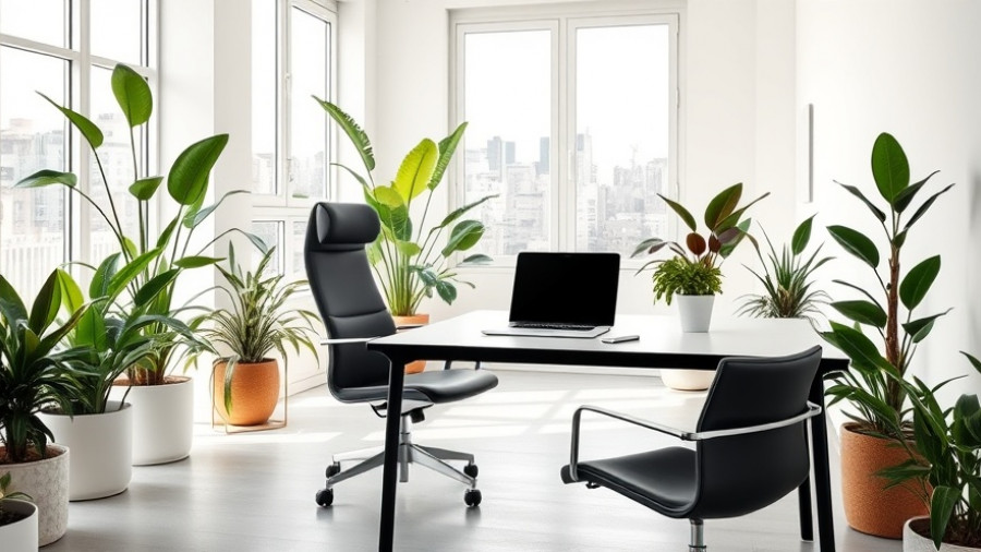Modern office with biophilic design featuring plants and natural light.