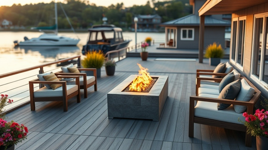 Modern deck with seating and fire pit by a lake, showcasing best decking brands.