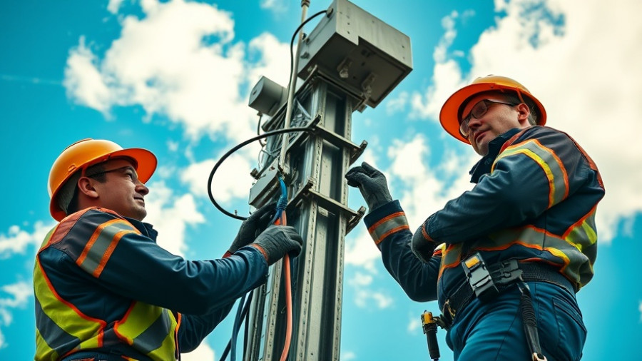 Construction workers implementing climate adaptation strategies on a tower.