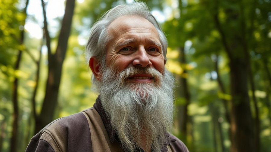 Older man with long beard smiling in a forest environment.